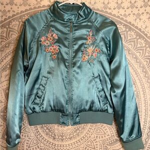 Embroidered Satin Bomber Jacket - Teal